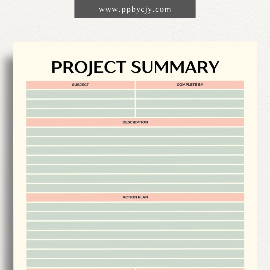 Project Summary Printable Template – Digital download for outlining key details, objectives, and outcomes of a project