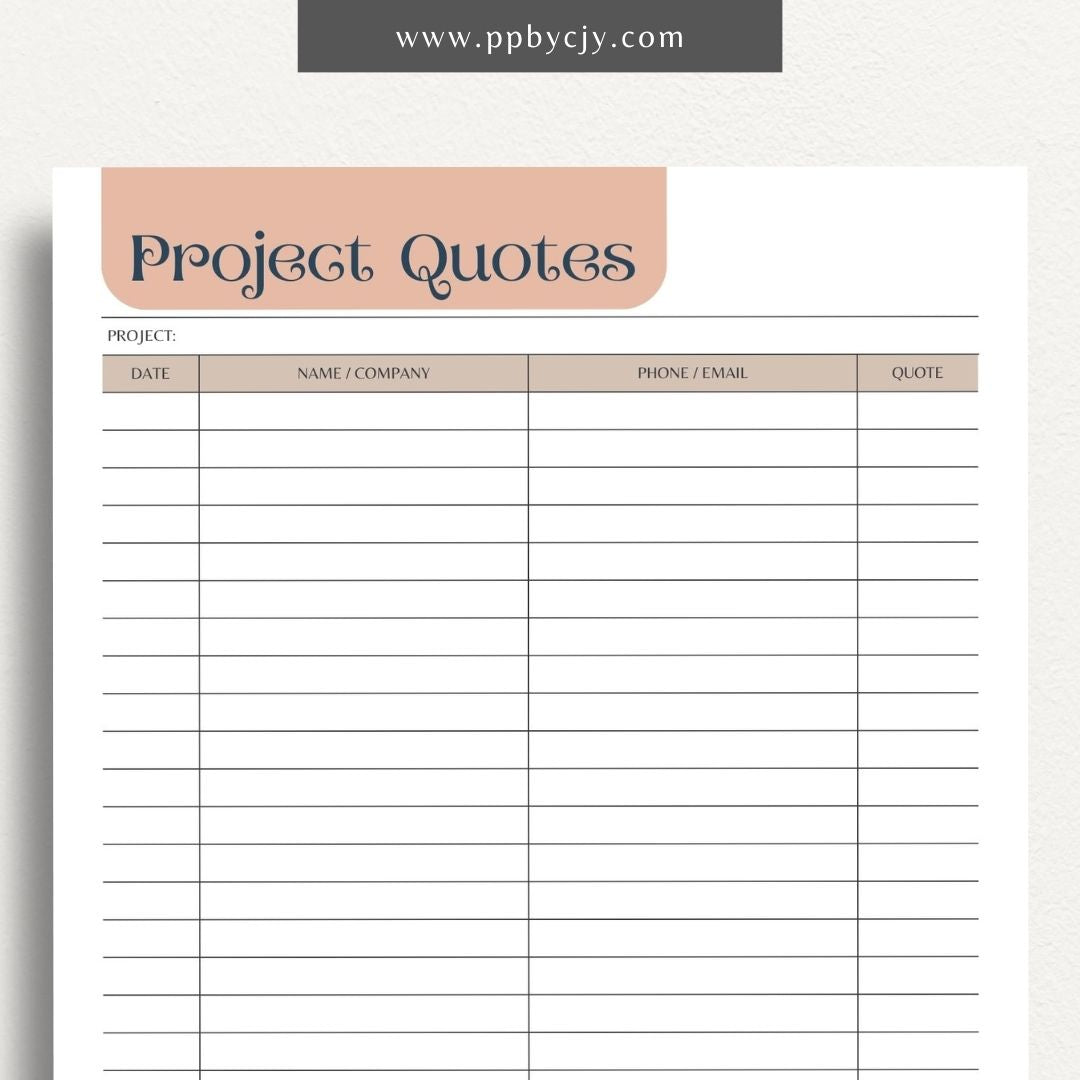 Home Project Quotes Printable Template – Digital download for collecting and comparing quotes for home improvement projects.