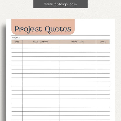 Home Project Quotes Printable Template – Digital download for collecting and comparing quotes for home improvement projects.