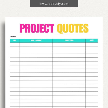 Home Project Quotes Printable Template – Digital download for collecting and comparing quotes for home improvement projects.