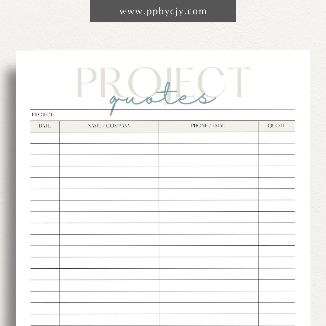 Home Project Quotes Printable Template – Digital download for collecting and comparing quotes for home improvement projects.