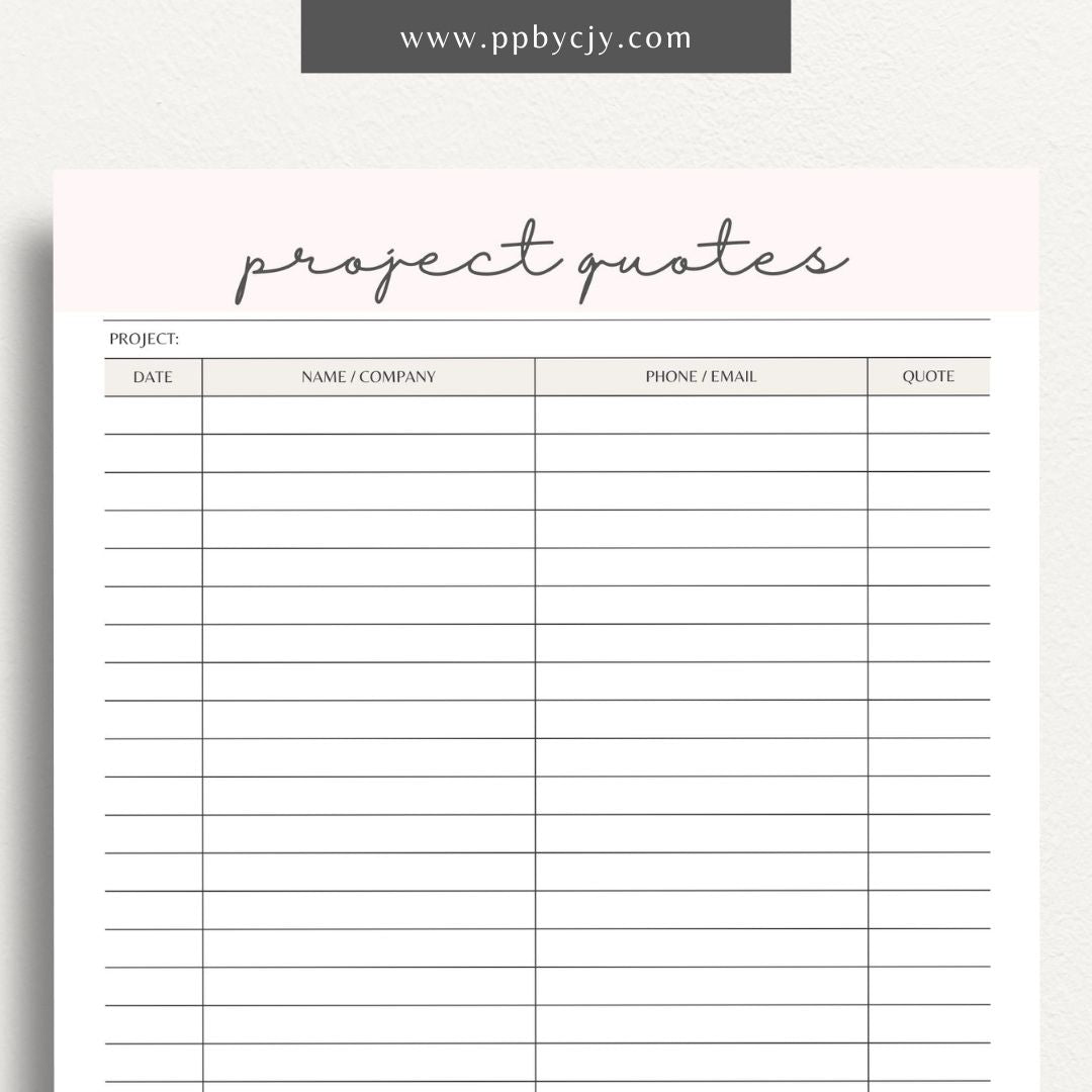 Home Project Quotes Printable Template – Digital download for collecting and comparing quotes for home improvement projects.