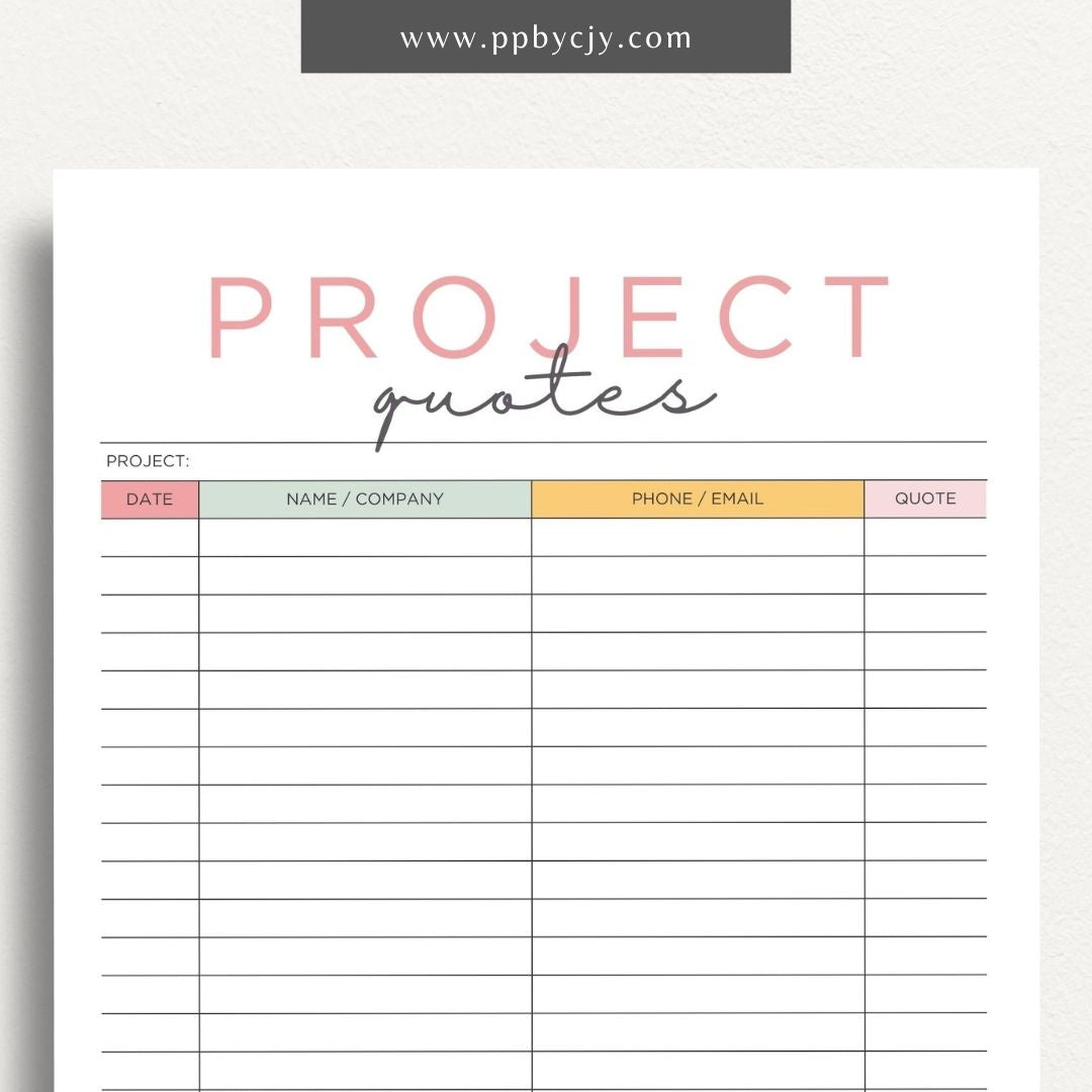 Home Project Quotes Printable Template – Digital download for collecting and comparing quotes for home improvement projects.