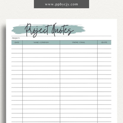 Home Project Quotes Printable Template – Digital download for collecting and comparing quotes for home improvement projects.