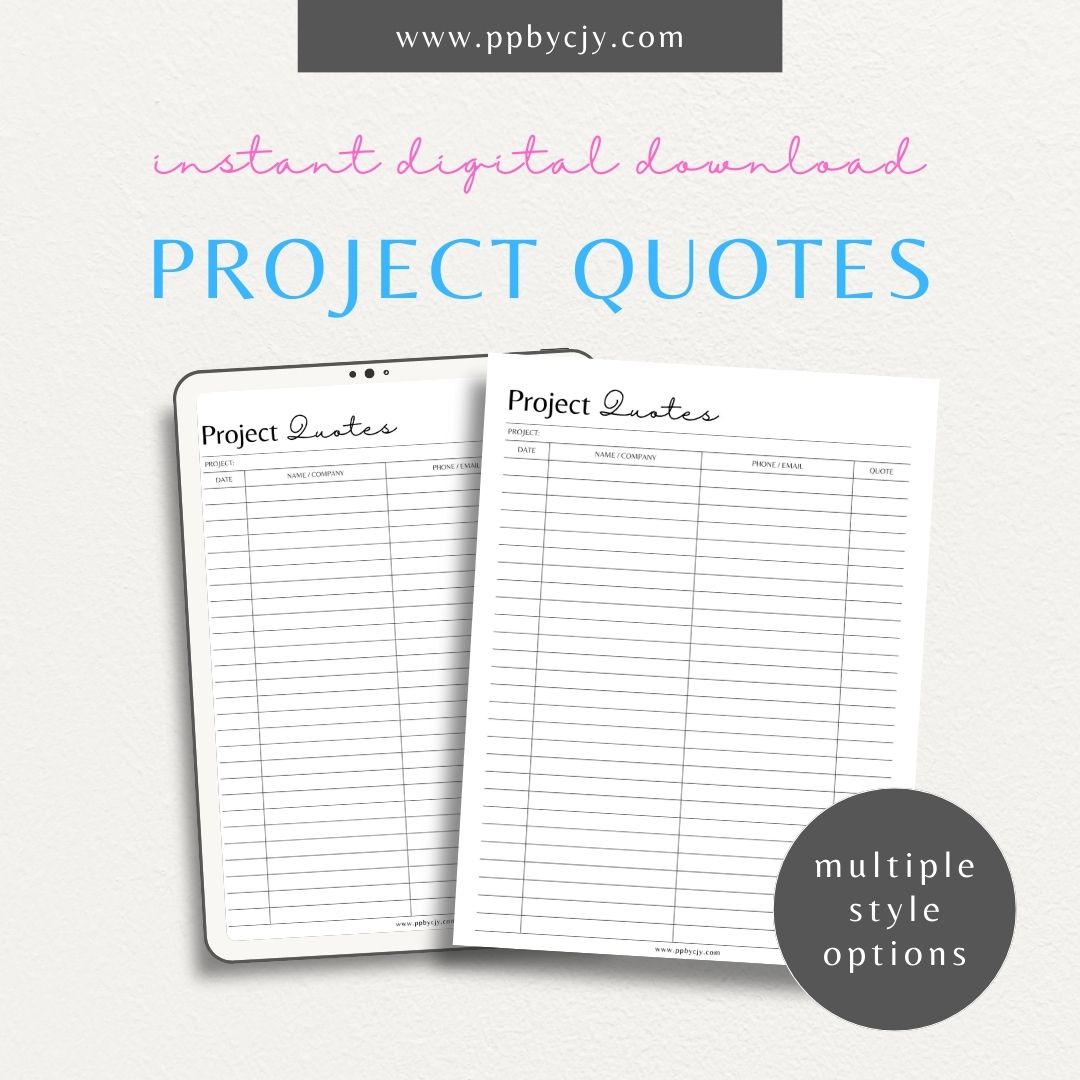 Home Project Quotes Printable Template – Digital download for collecting and comparing quotes for home improvement projects.