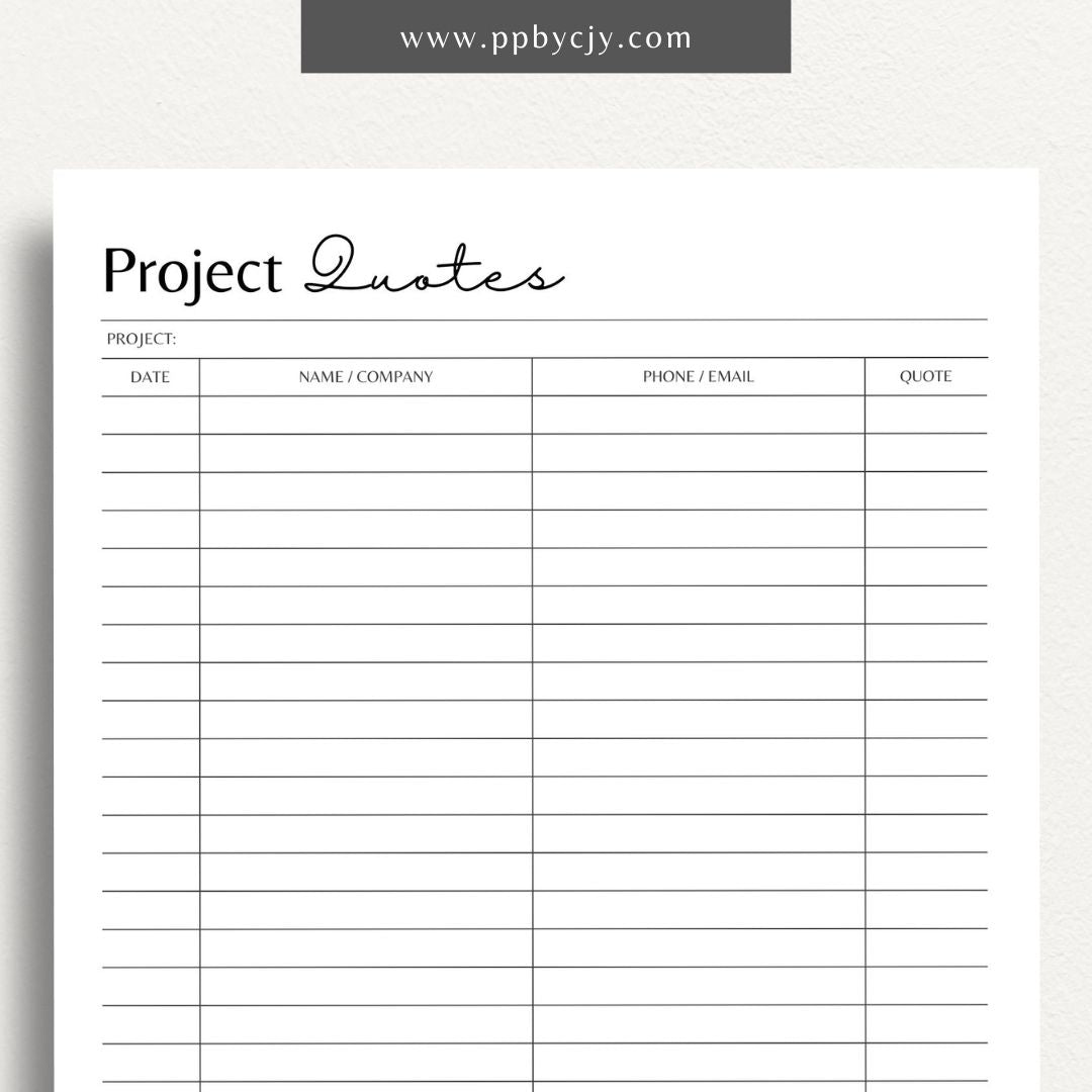 Home Project Quotes Printable Template – Digital download for collecting and comparing quotes for home improvement projects.