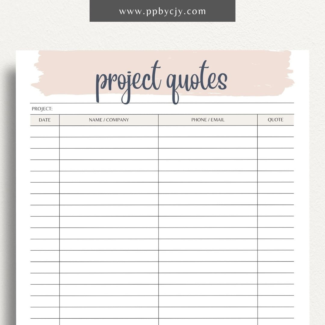 Home Project Quotes Printable Template – Digital download for collecting and comparing quotes for home improvement projects.