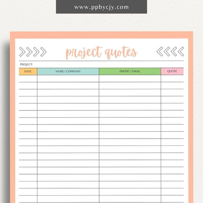 Home Project Quotes Printable Template – Digital download for collecting and comparing quotes for home improvement projects.