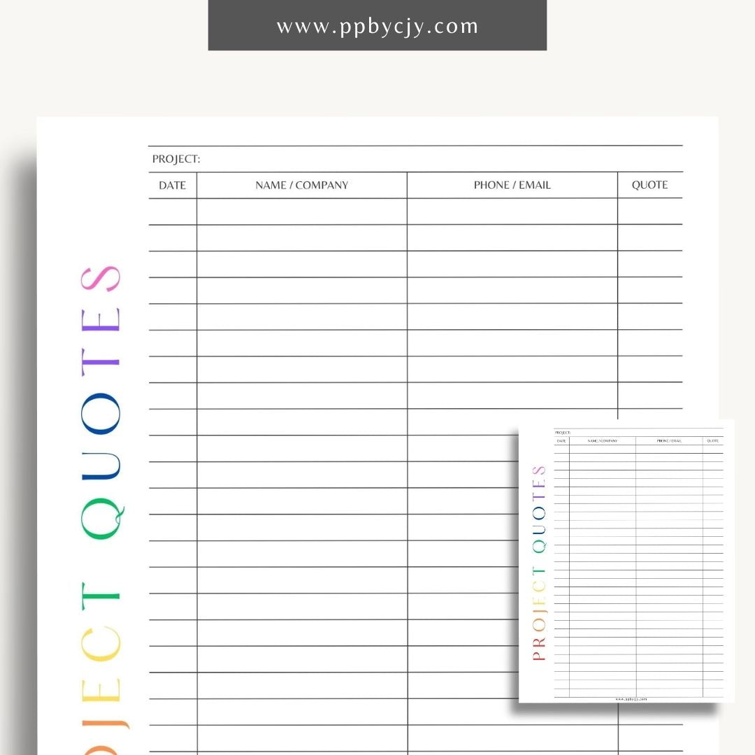 Home Project Quotes Printable Template – Digital download for collecting and comparing quotes for home improvement projects.