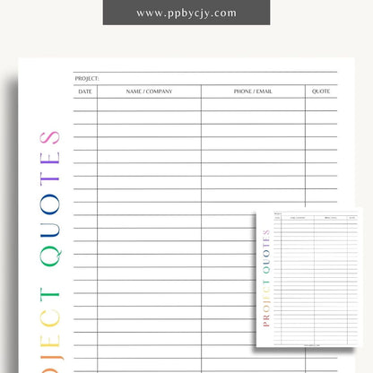 Home Project Quotes Printable Template – Digital download for collecting and comparing quotes for home improvement projects.