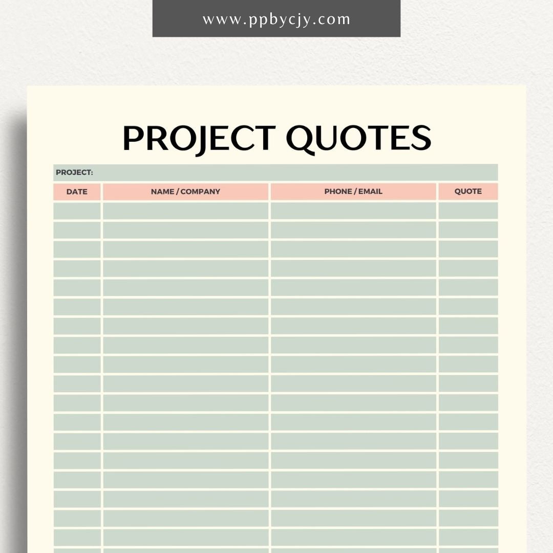 Home Project Quotes Printable Template – Digital download for collecting and comparing quotes for home improvement projects.