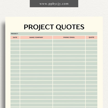 Home Project Quotes Printable Template – Digital download for collecting and comparing quotes for home improvement projects.