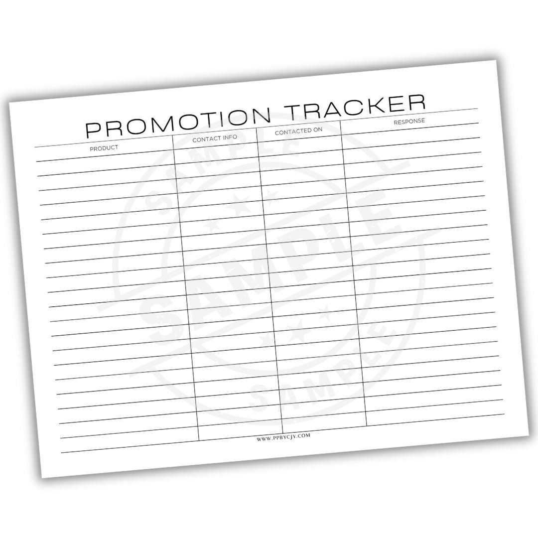 Promotion tracker sheet with columns for product, contact info, contacted on, and response.