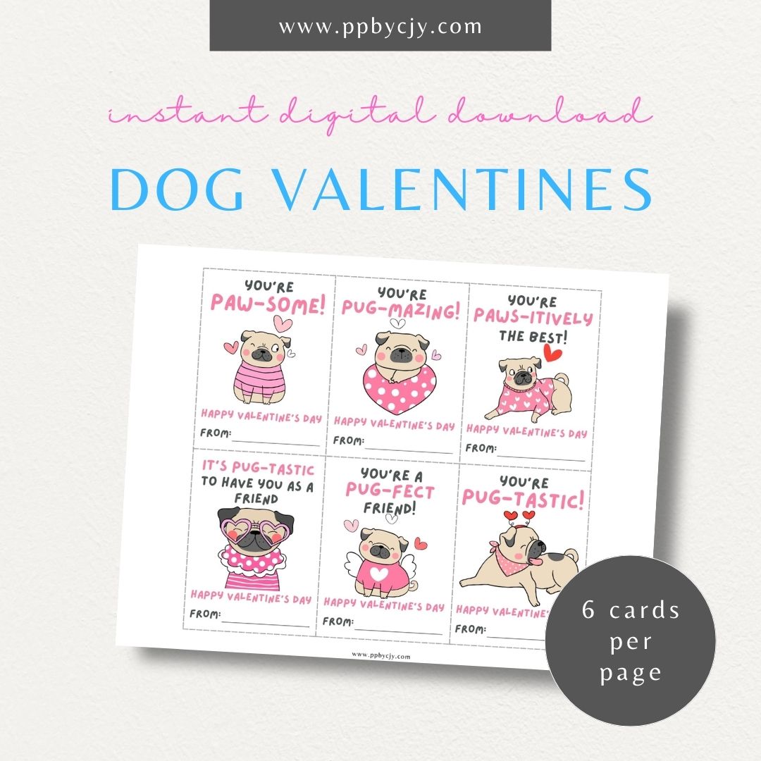 Pug-themed Valentine’s Day cards with adorable pug designs and fun pug-themed quotes for a playful Valentine’s greeting.
