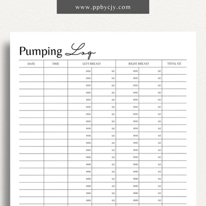 printable template page with columns and rows related to breastfeeding pumping tracking