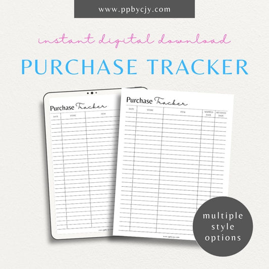 Online Shopping Purchase Tracker Printable Template – Digital download for managing and tracking online purchases, including order details, delivery status, and payment information.