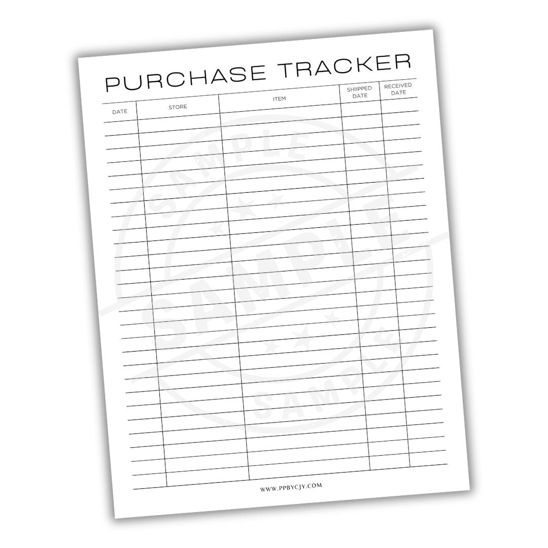 Blank purchase tracker sheet with columns for date, store, item, shipped date, and received date.