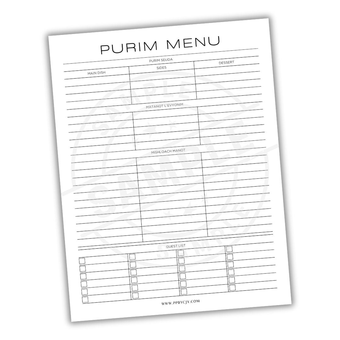 Purim menu planning sheet with columns for food items, quantities, and notes on a white background.