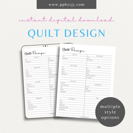 Quilt Design Info Printable Template – Digital download for documenting and organizing details about quilt designs, patterns, and materials