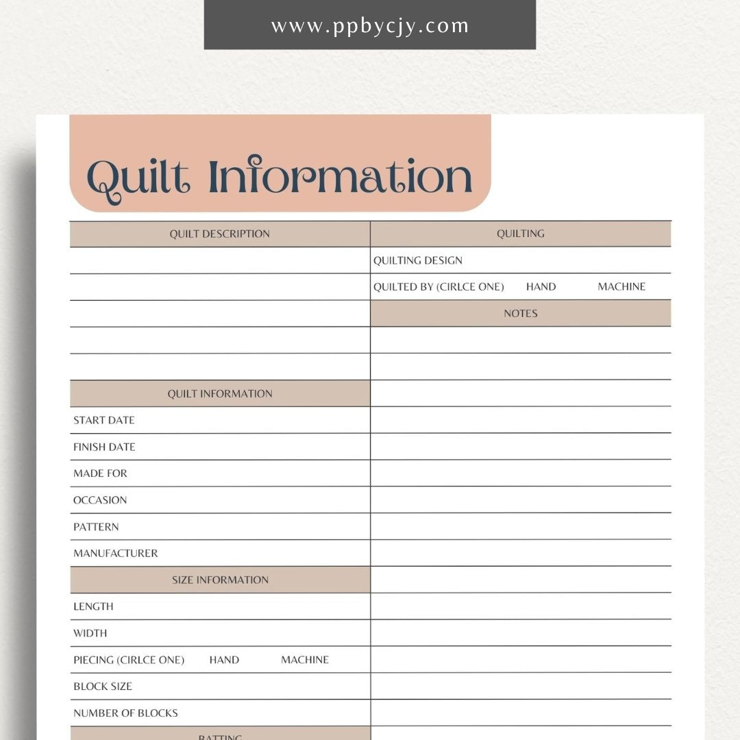 Quilt Info Planner Printable Template – Digital download for organizing and managing details about quilt projects, including fabrics, patterns, and progress