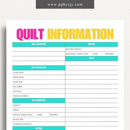 Quilt Info Planner Printable Template – Digital download for organizing and managing details about quilt projects, including fabrics, patterns, and progress