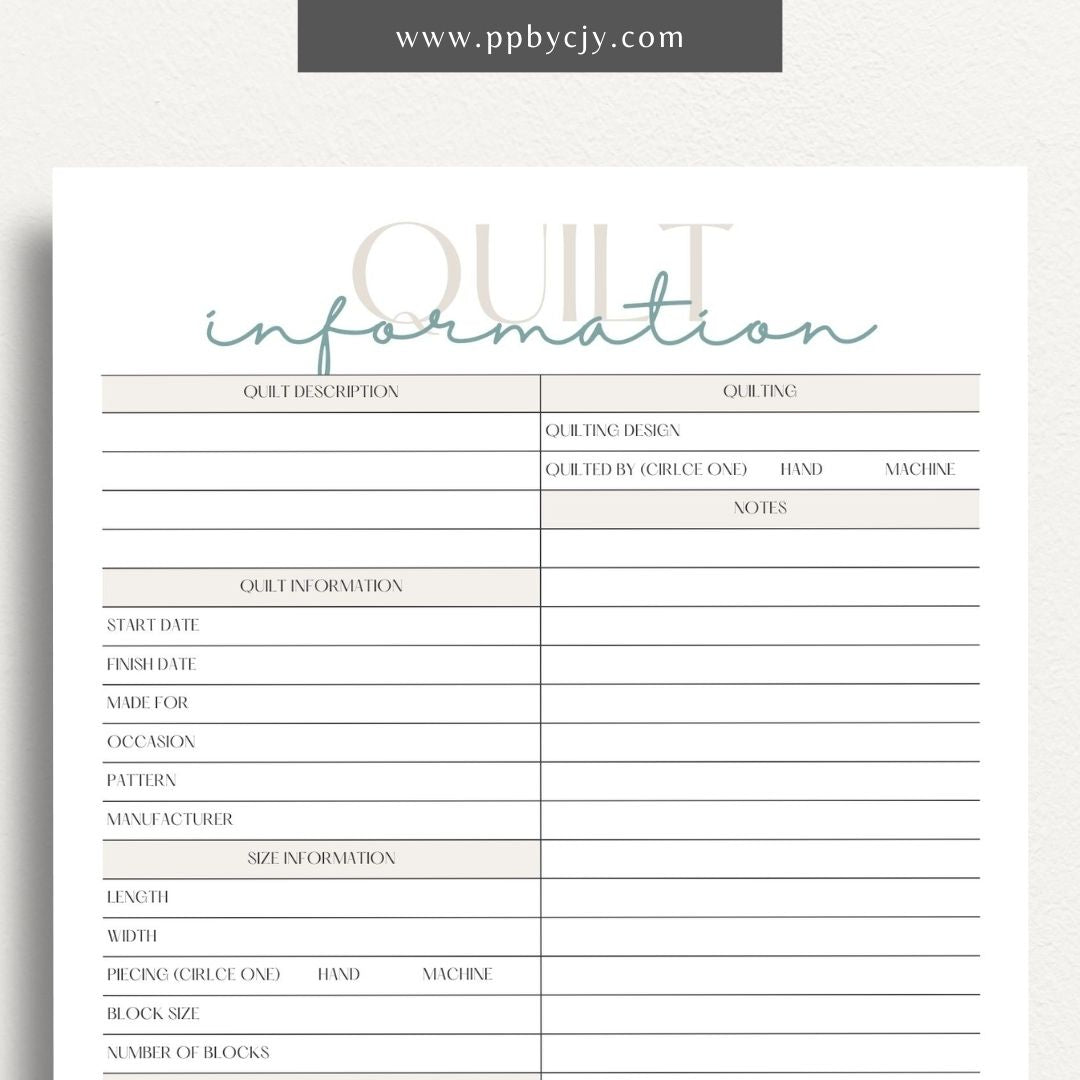 Quilt Info Planner Printable Template – Digital download for organizing and managing details about quilt projects, including fabrics, patterns, and progress