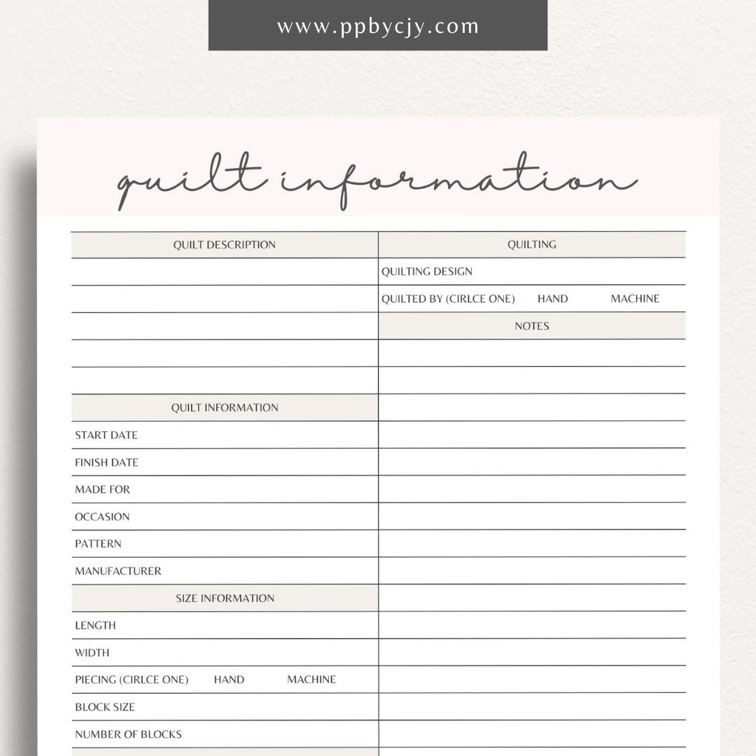 Quilt Info Planner Printable Template – Digital download for organizing and managing details about quilt projects, including fabrics, patterns, and progress