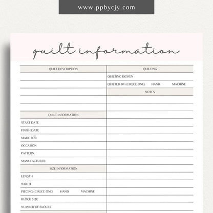 Quilt Info Planner Printable Template – Digital download for organizing and managing details about quilt projects, including fabrics, patterns, and progress