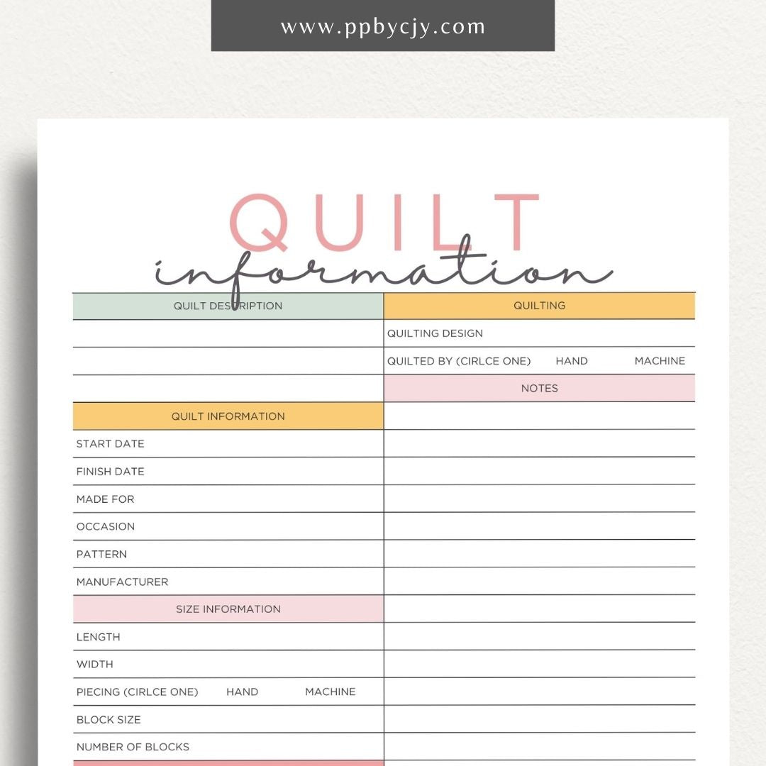 Quilt Info Planner Printable Template – Digital download for organizing and managing details about quilt projects, including fabrics, patterns, and progress