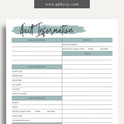 Quilt Info Planner Printable Template – Digital download for organizing and managing details about quilt projects, including fabrics, patterns, and progress