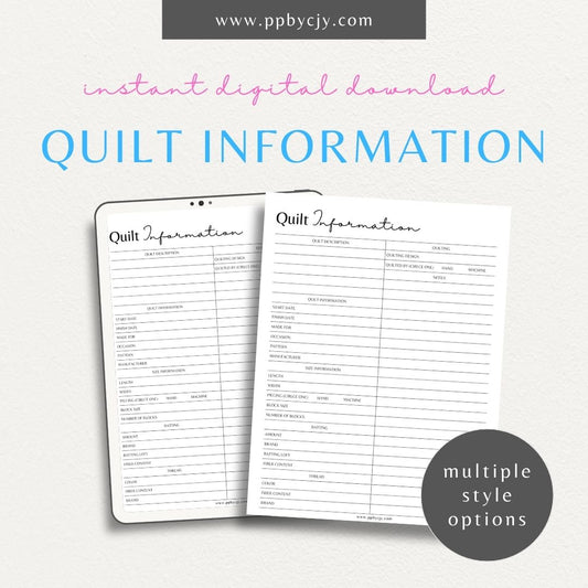 Quilt Info Planner Printable Template – Digital download for organizing and managing details about quilt projects, including fabrics, patterns, and progress