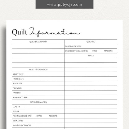 Quilt Info Planner Printable Template – Digital download for organizing and managing details about quilt projects, including fabrics, patterns, and progress