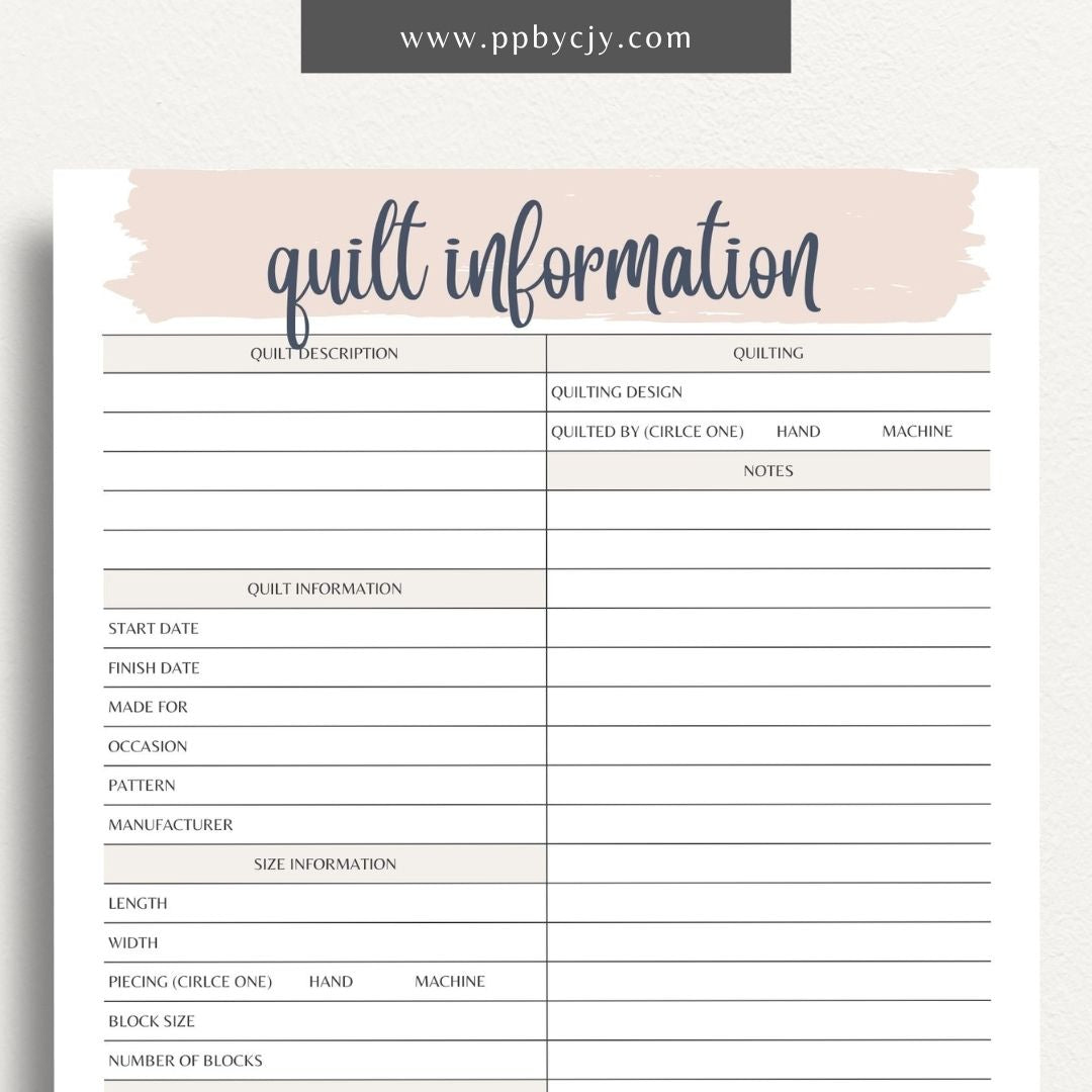 Quilt Info Planner Printable Template – Digital download for organizing and managing details about quilt projects, including fabrics, patterns, and progress