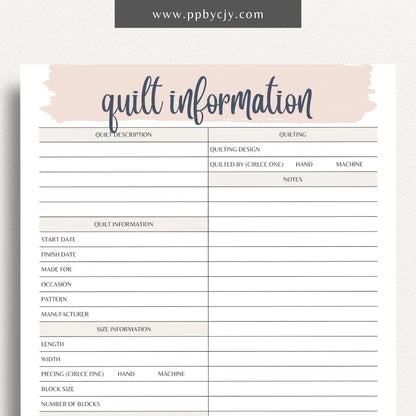 Quilt Info Planner Printable Template – Digital download for organizing and managing details about quilt projects, including fabrics, patterns, and progress