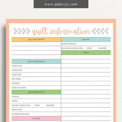 Quilt Info Planner Printable Template – Digital download for organizing and managing details about quilt projects, including fabrics, patterns, and progress