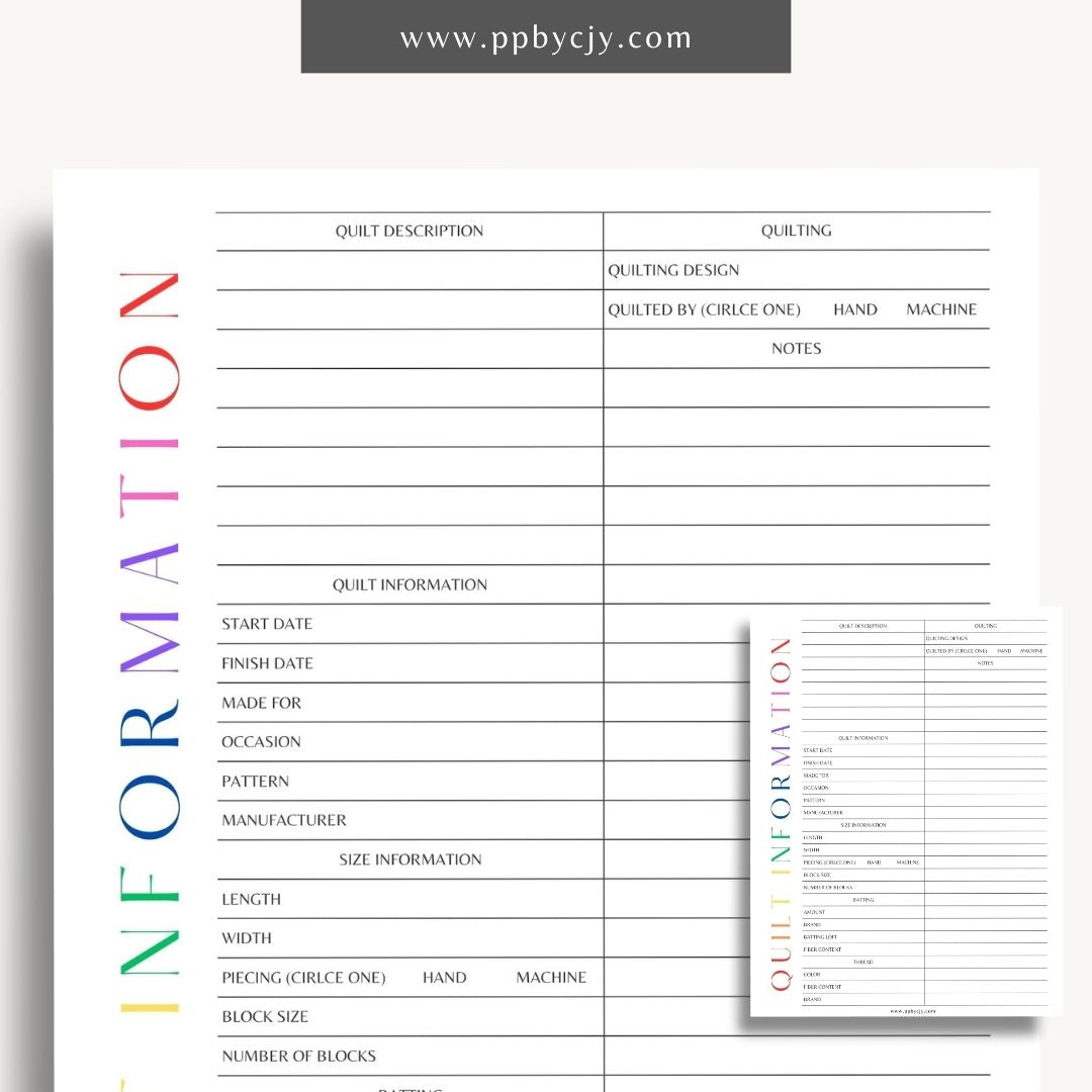 Quilt Info Planner Printable Template – Digital download for organizing and managing details about quilt projects, including fabrics, patterns, and progress