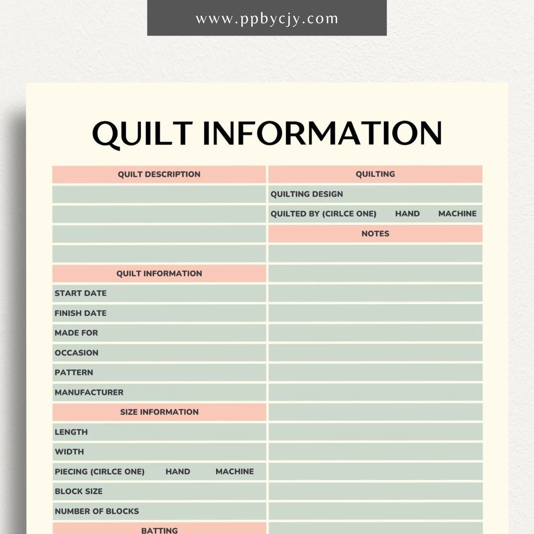 Quilt Info Planner Printable Template – Digital download for organizing and managing details about quilt projects, including fabrics, patterns, and progress