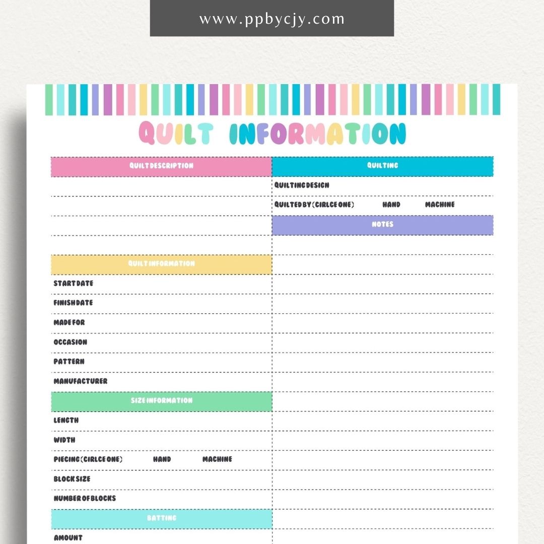 Quilt Info Planner Printable Template – Digital download for organizing and managing details about quilt projects, including fabrics, patterns, and progress