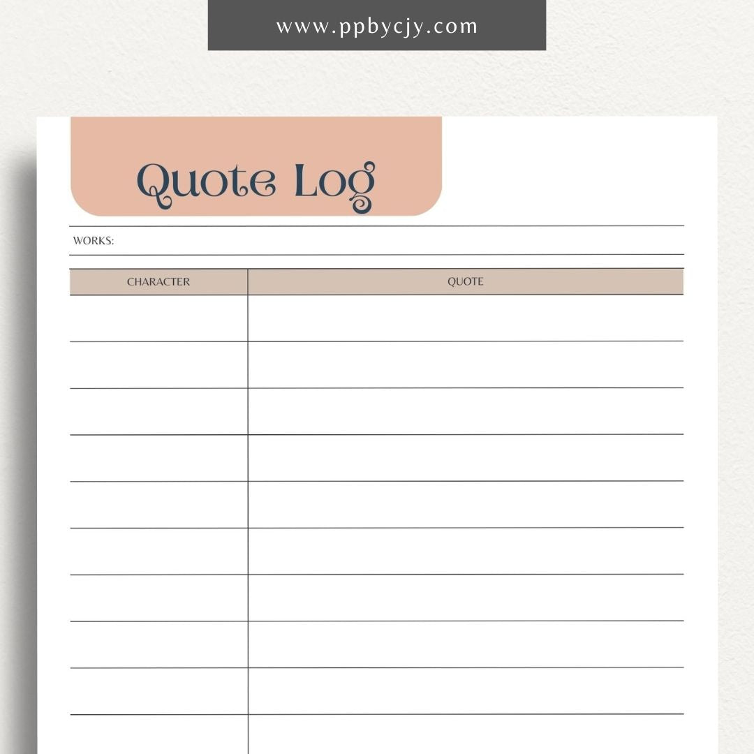 Quote Log Printable Template – Digital download for recording and organizing inspirational quotes and references