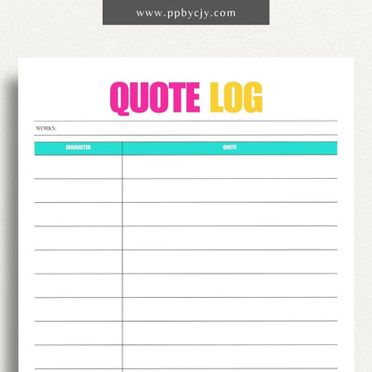 Quote Log Printable Template – Digital download for recording and organizing inspirational quotes and references