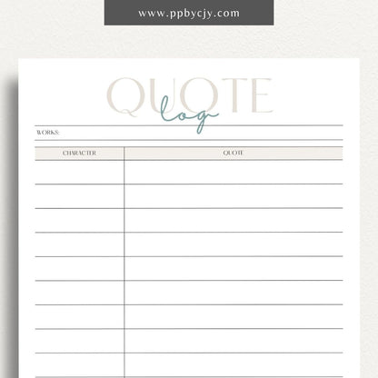 Quote Log Printable Template – Digital download for recording and organizing inspirational quotes and references