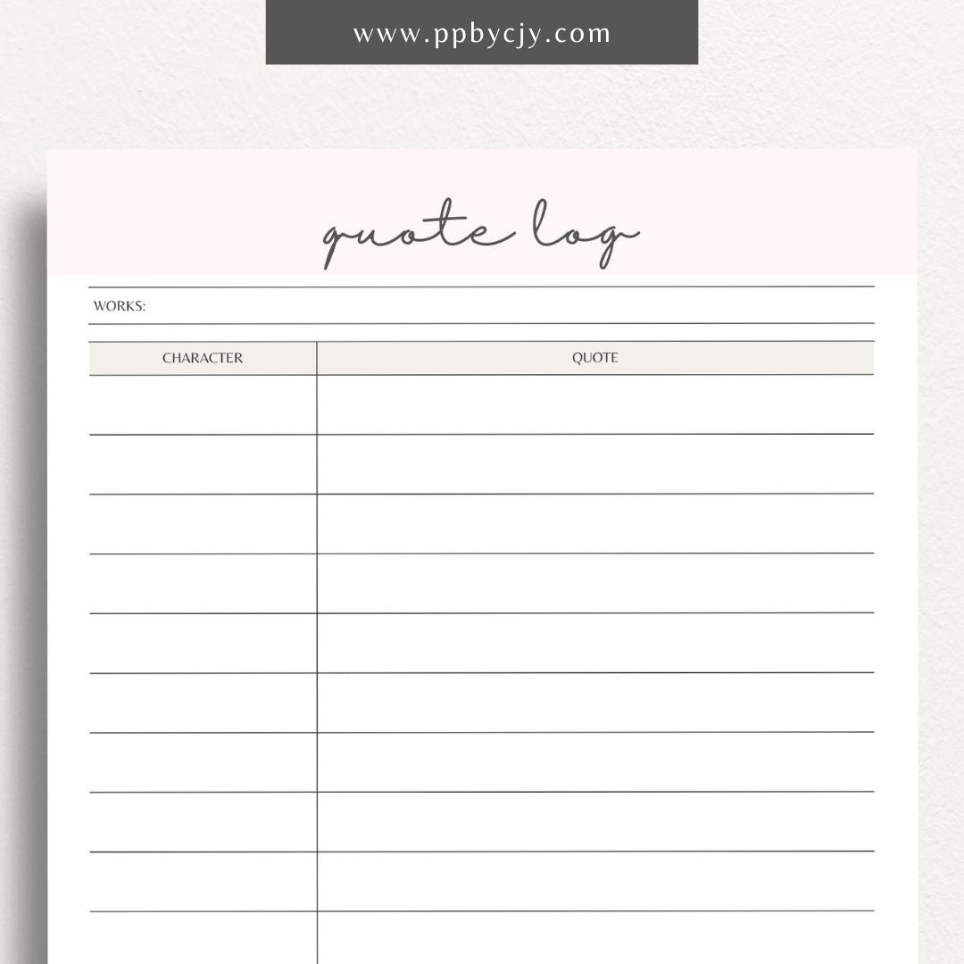 Quote Log Printable Template – Digital download for recording and organizing inspirational quotes and references