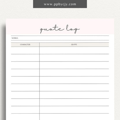 Quote Log Printable Template – Digital download for recording and organizing inspirational quotes and references