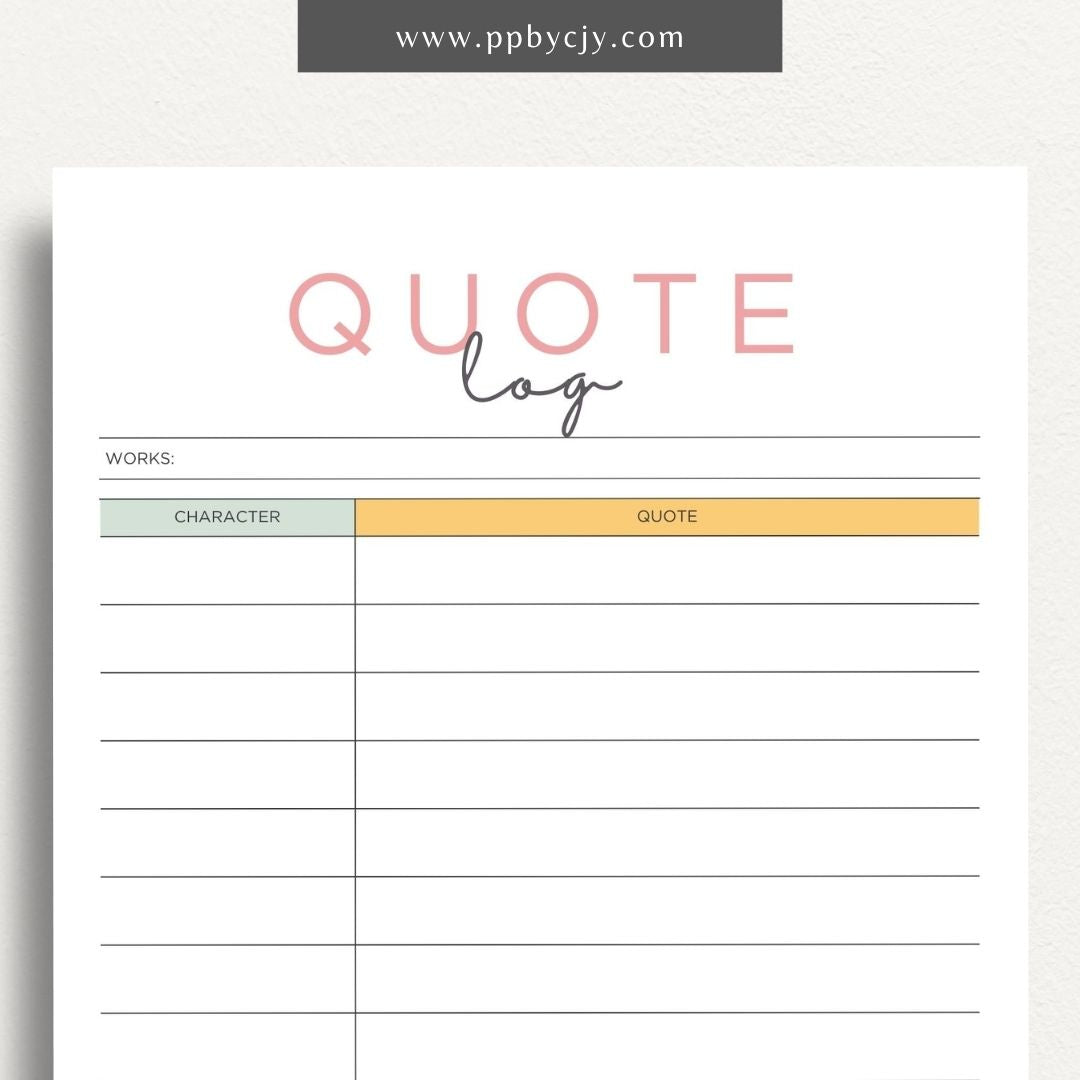 Quote Log Printable Template – Digital download for recording and organizing inspirational quotes and references