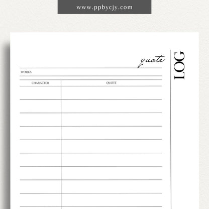 Quote Log Printable Template – Digital download for recording and organizing inspirational quotes and references