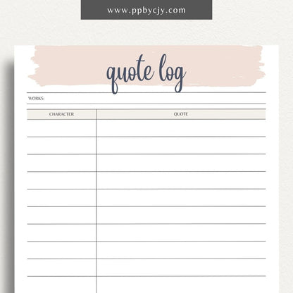 Quote Log Printable Template – Digital download for recording and organizing inspirational quotes and references