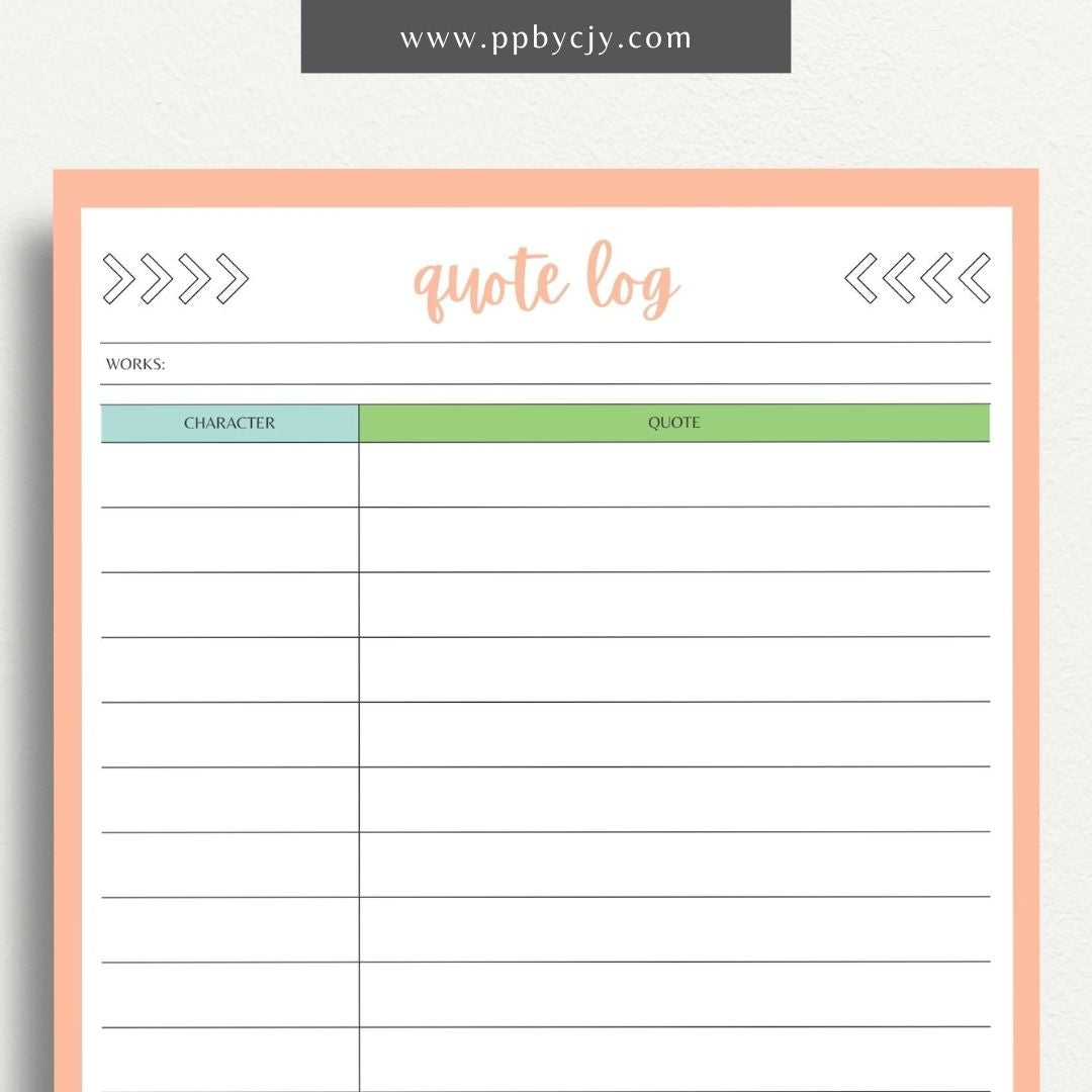 Quote Log Printable Template – Digital download for recording and organizing inspirational quotes and references