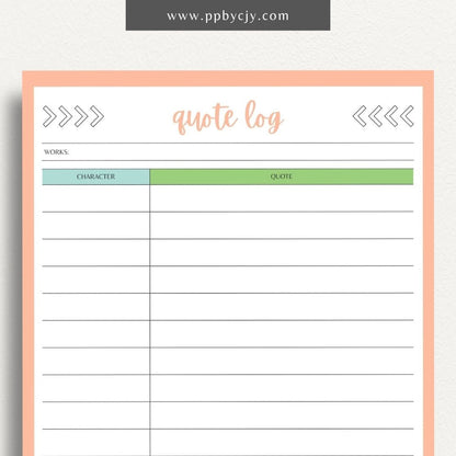 Quote Log Printable Template – Digital download for recording and organizing inspirational quotes and references