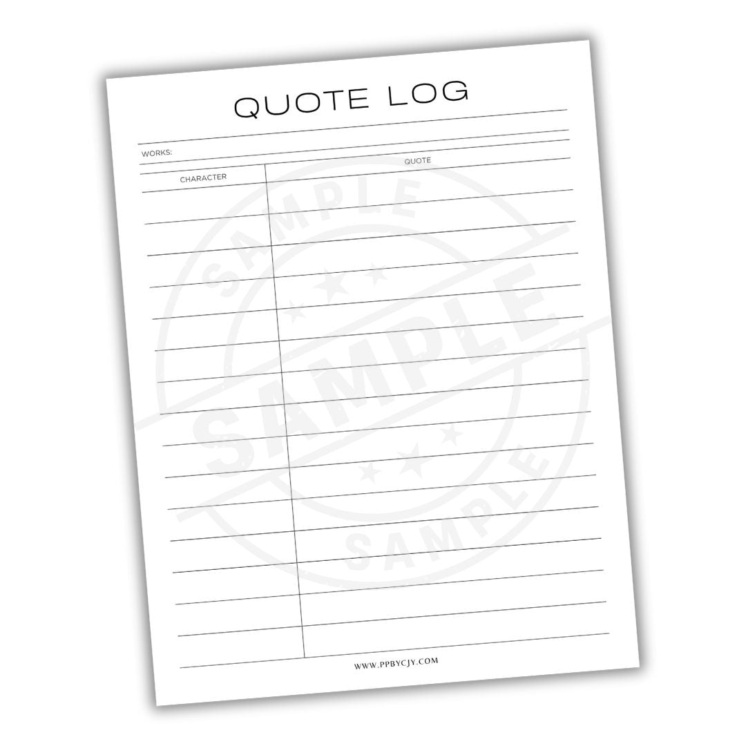 Quote log sheet with columns for name, character, and quote on a white background