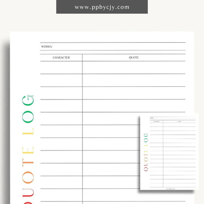 Quote Log Printable Template – Digital download for recording and organizing inspirational quotes and references